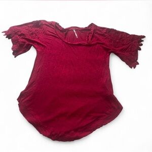 💕 Free people red lace crochet short sleeve top  size XS bohemian coquette